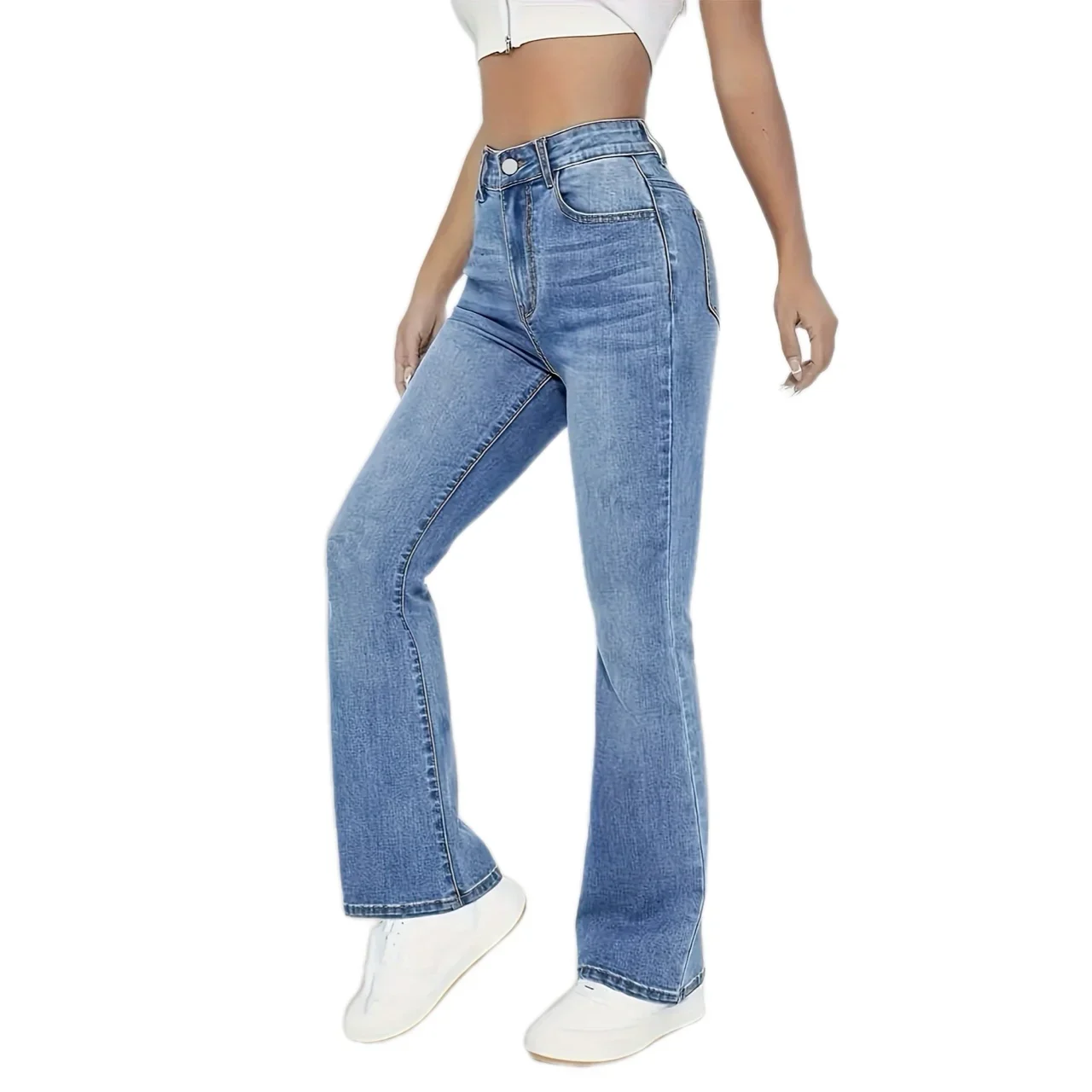 Damskie spodnie casualowe streetwear z wysokim stanem, szerokie nogawki, rozszerzane spodnie, luźny krój, wygodne, do noszenia na co dzień, dżinsowe. — zdjęcie 2