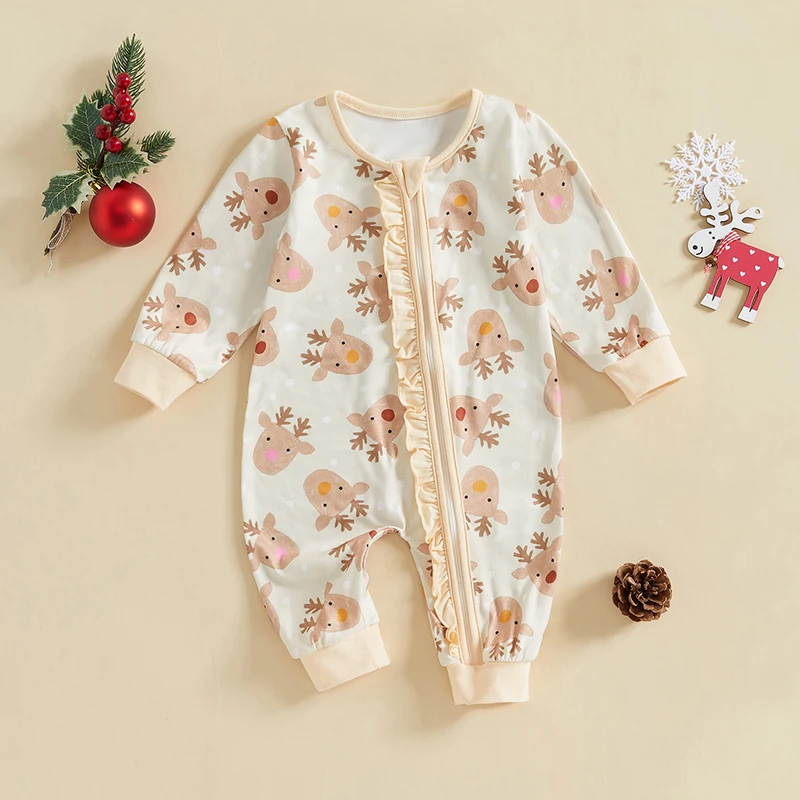 Baby Girls Christmas Jumpsuit Long Sleeve O Neck Oblique Zipper Elk Santa Claus Print Romper