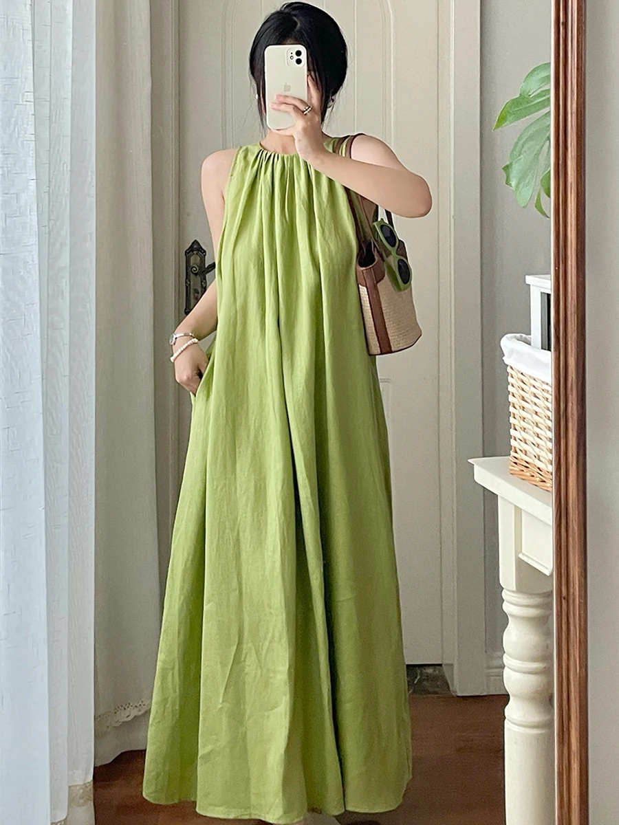 สบายๆสไตล์เสื้อกั๊กผ้าฝ้ายผู้หญิงหลวมยาวรอบคอชุดโรแมนติกบรรยากาศ Vestidos N824