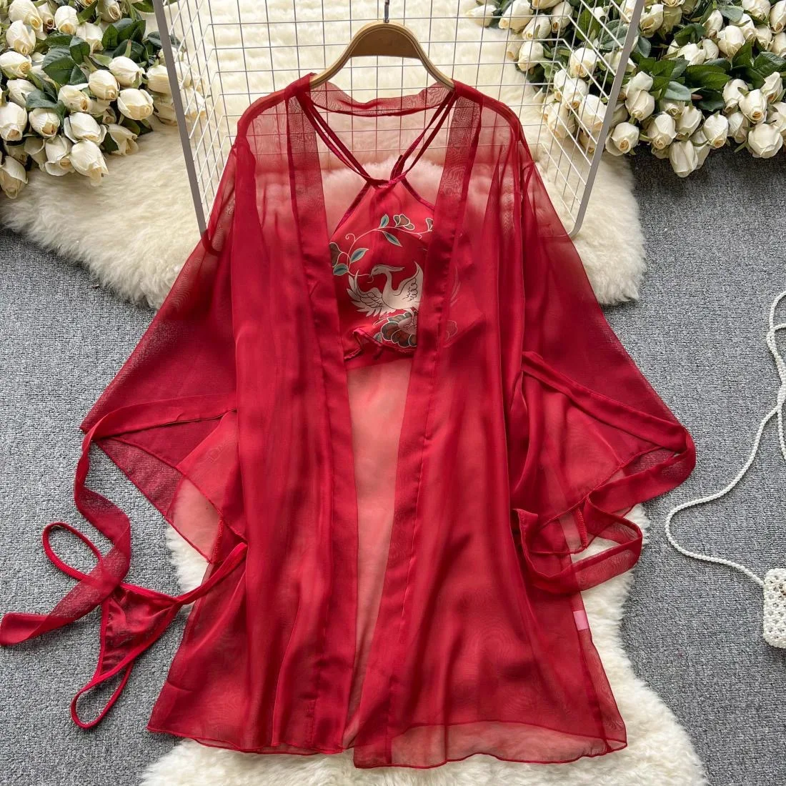 Hot Women\'s Vintage Sexy Embroidered Halter Wide Sleeves Top with Sheer Chiffon Robe and Lingerie Sexy And Elegant 3 Piece Set