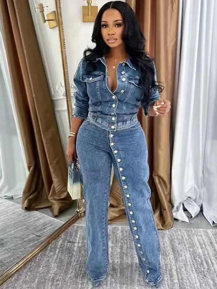 

Модный джинсовый комплект BKQU из 2 предметов для женщин: куртка Y2K в уличном стиле с отложным воротником на одной пуговице и прямые джинсы, коллекция 2026