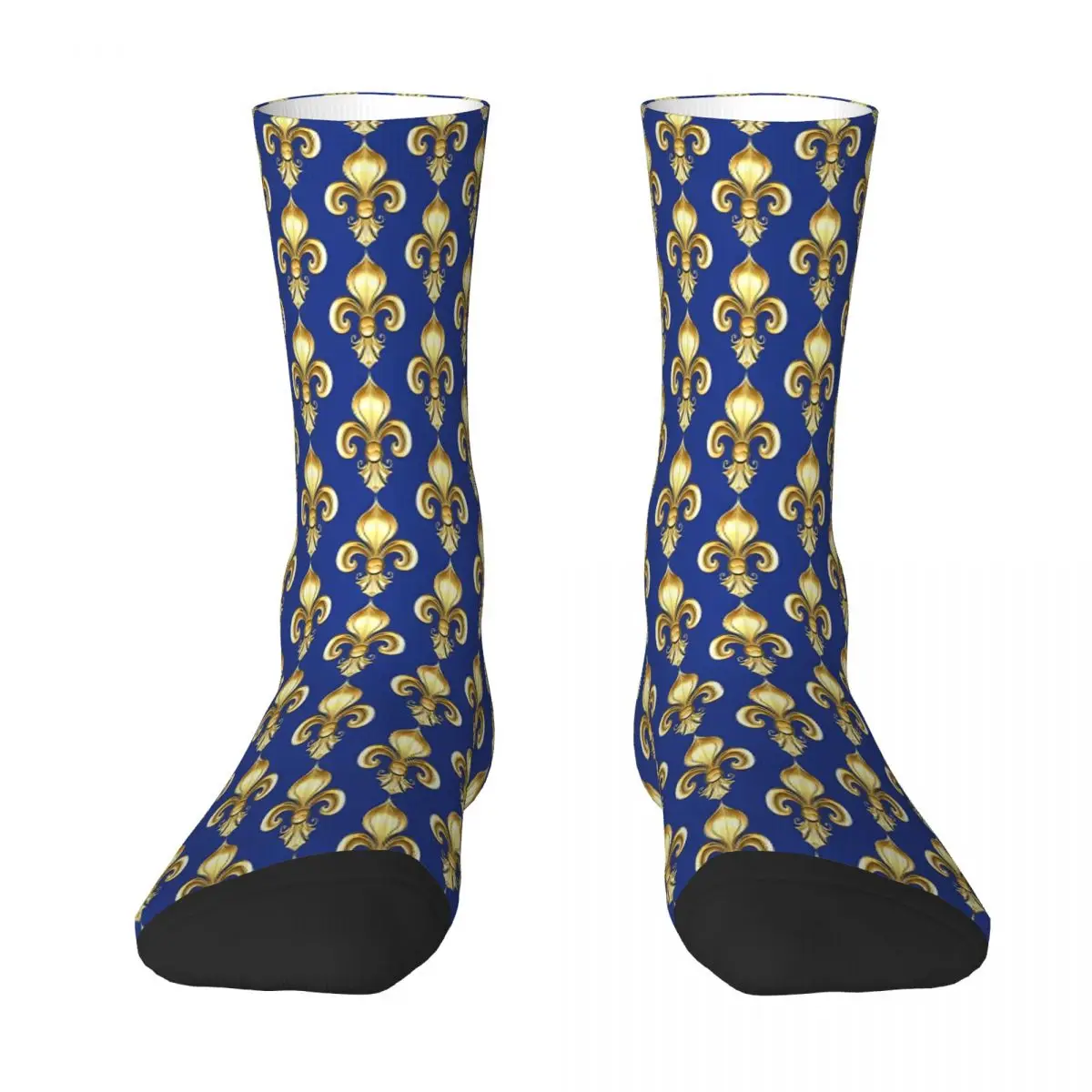 

Gold On Blue Background Fleur De Lis Sock Socks Men Women Polyester Stockings Customizable Sweetshirt