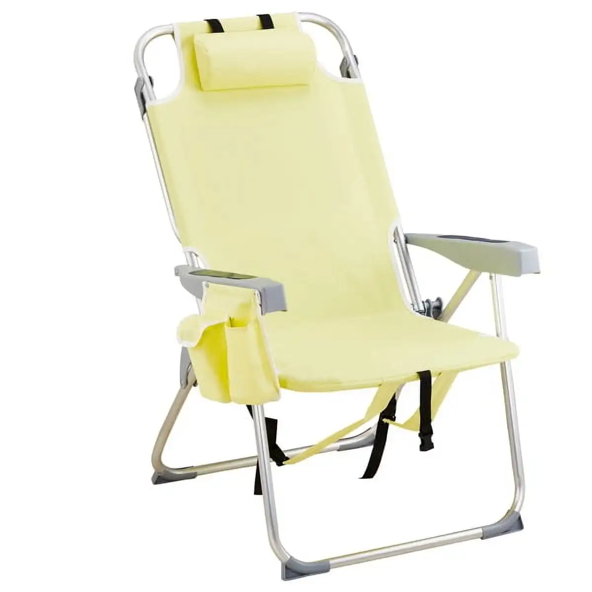 63*70*99cm Heightened Oxford Cloth Silver White Tube Bearing 100kg Beach Chair with Cup Holder Storage Pouches Yellow