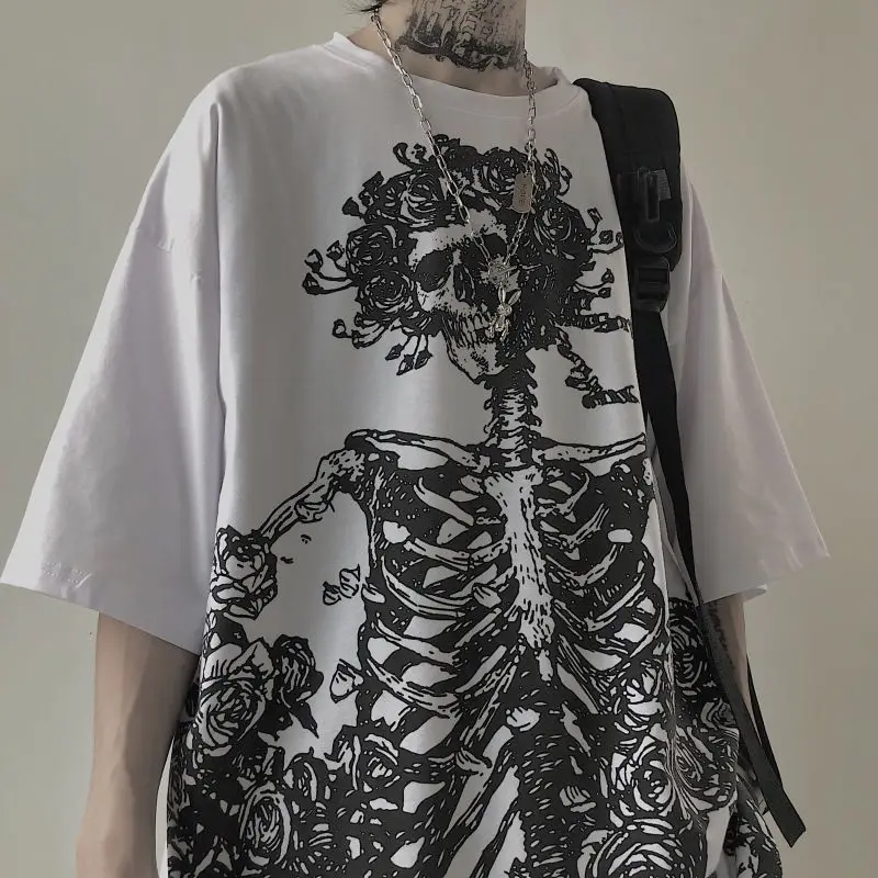 

Skeleton Rose Men O Neck Short Sleeve T Shirts Summer Harajuku Fashion Casual All-match 2xl Oversized Couple Clothing Halloween