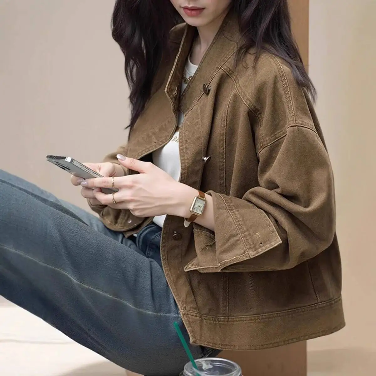 Mulheres jaqueta curta 2025 outono novo retro café denim jaqueta solta gola estilo utilitário casaco curto casual outerwear