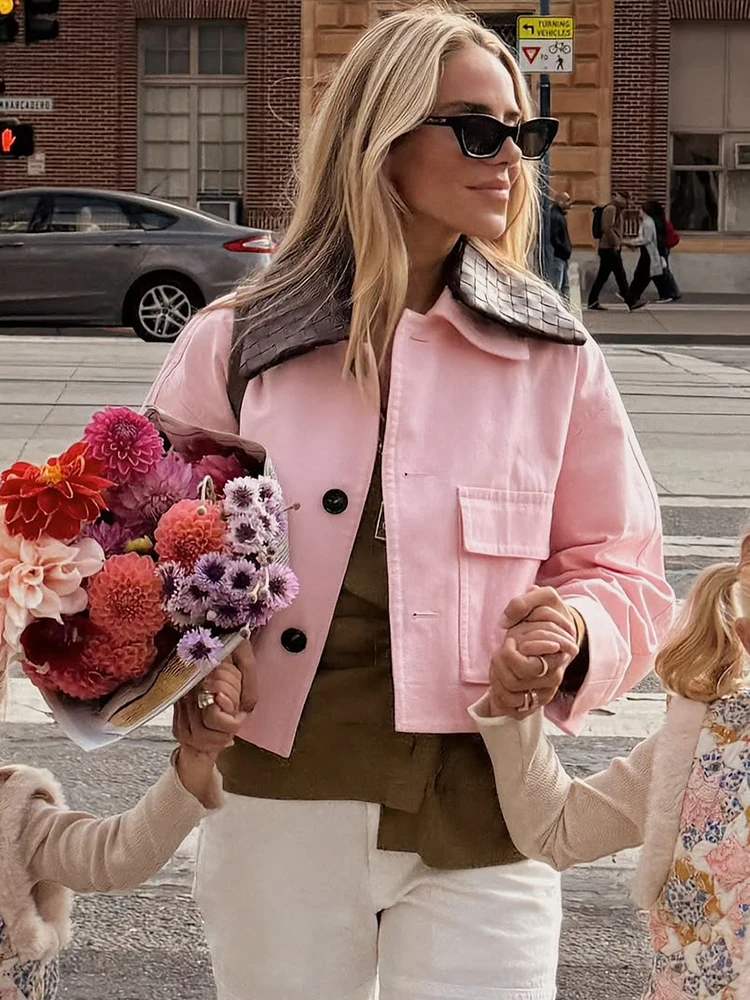 

Women Pink Short Jackets Pu Leather Lapel Maxi Sleeves Pocket Single-breasted Coat 2025 Autumn Daily Commuting Street Outerwear