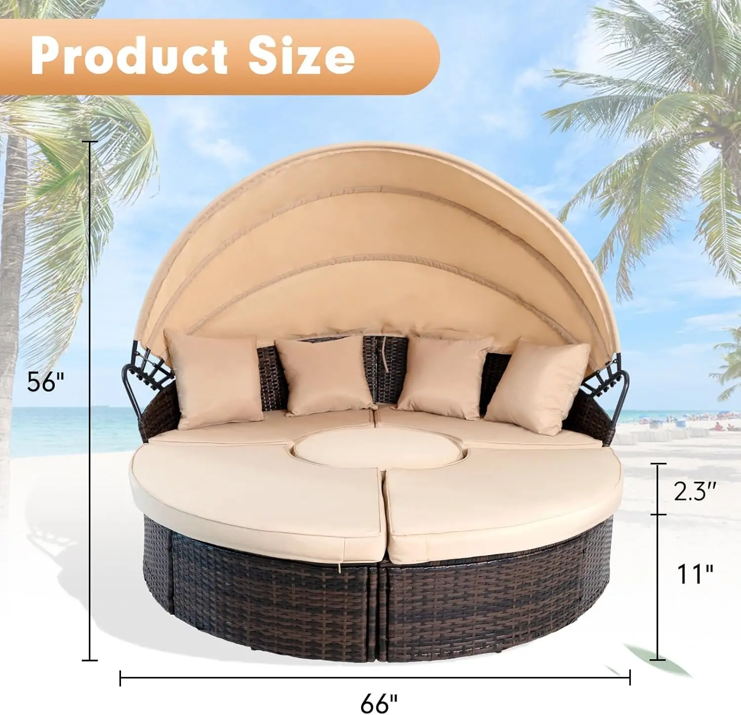 Outdoor Patio Round Daybed with Retractable Canopy, Brown Wicker Furniture Clamshell Sectional Seating with Cushions, Brown