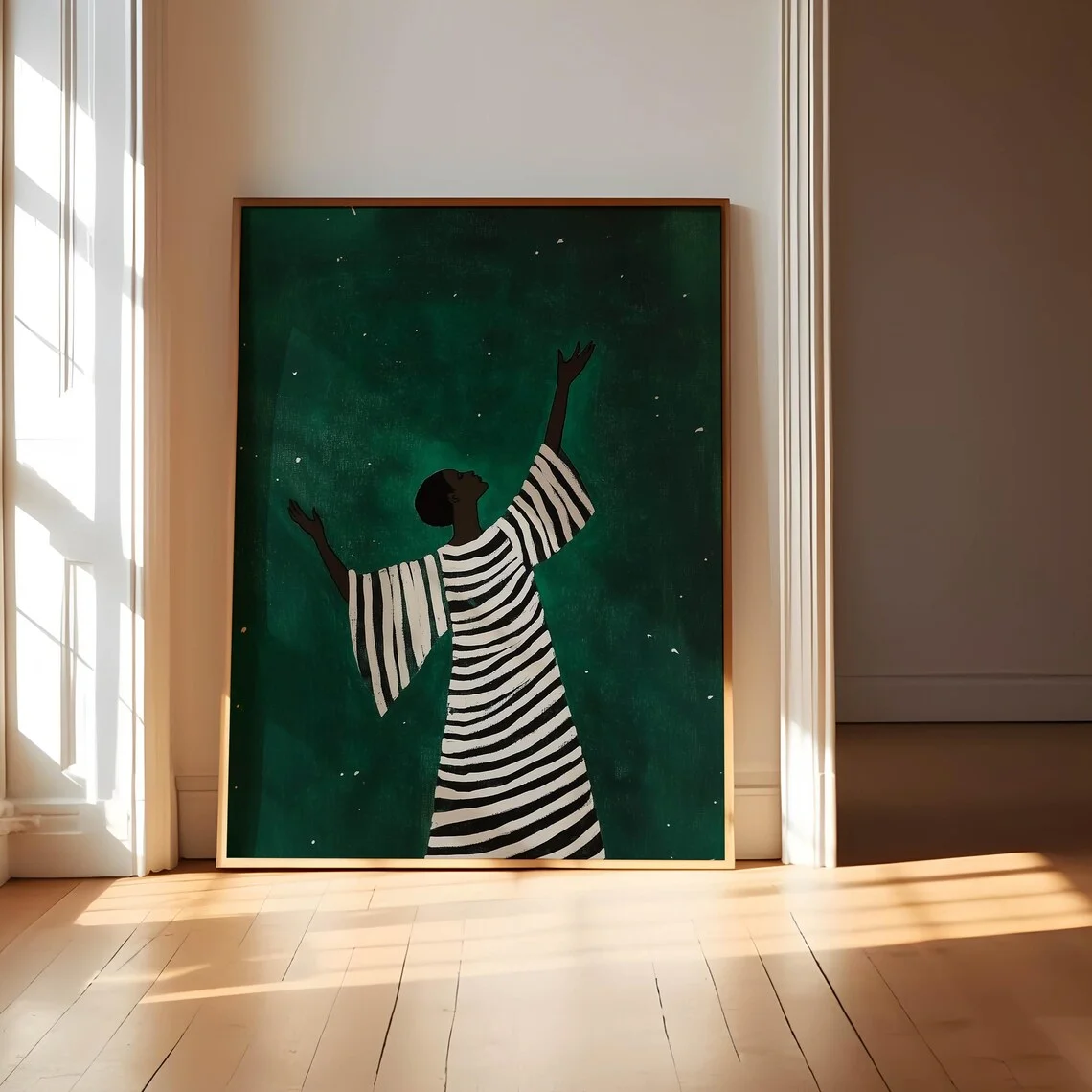Celestial Empowerment Wall Art - Serene Print Celebrating Black Joy and Aspiration. The Deep Green Starry Backdrop and Striking