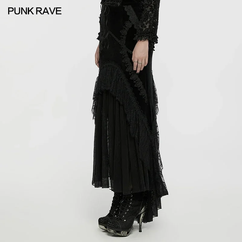 PUNK RAVE Women's Gothic Velvet Pleated Chiffon Elegant Fishtail Goddess Skirt Gorgeous Lace Dark  Long Skirts Women