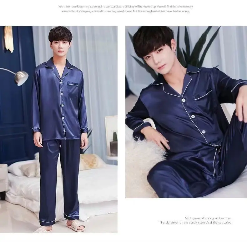 럭셔리 남성 잠옷 세트 긴 소매 대나무 실크 잠옷 경량 홈 Loungewear 프리미엄 Nightwear M-5XL