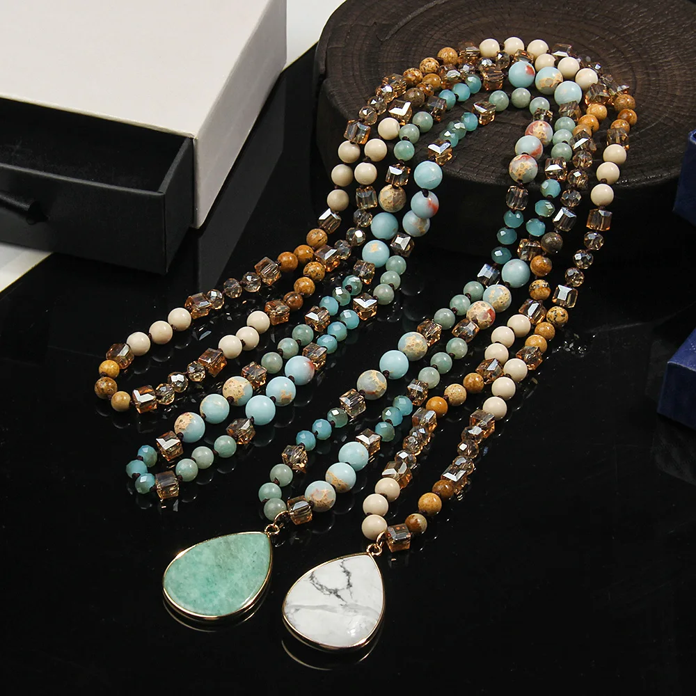 

Natural stone crystal necklace Boho Feng Shui Drop Pendant Necklace Women's Accessories Handmade Long Necklace With Gift Box