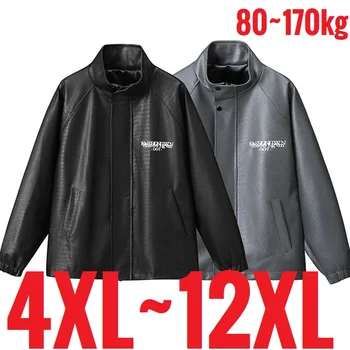 Extra Big Size 12XL Men's Pu Leather Jacket Stand Collar Zip Up Faux Coat Male Waterproof Moto Biker Loose Fit Autumn Plus Large