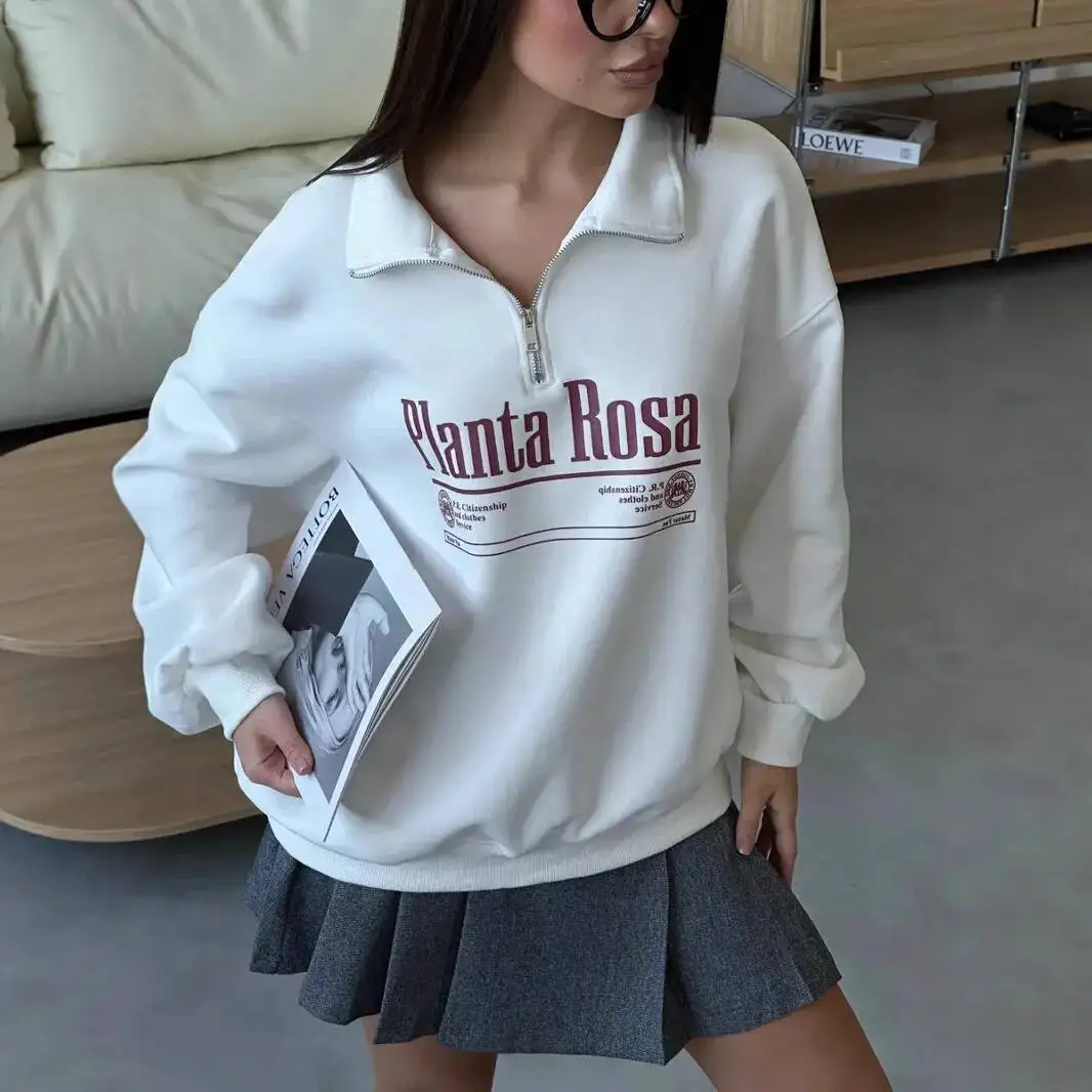 

Женская толстовка 2026, весенняя теплая толстовка в ленивом стиле с воротником на молнии и буквенным принтом, свободный универсальный модный топ