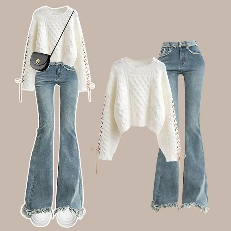 

Women's Spring Autumn New Fashion Knit Sweater+Micro Flare Jeans 2-Piece Suit Korean Elegant Denim Pants Tracksuit Matching Set