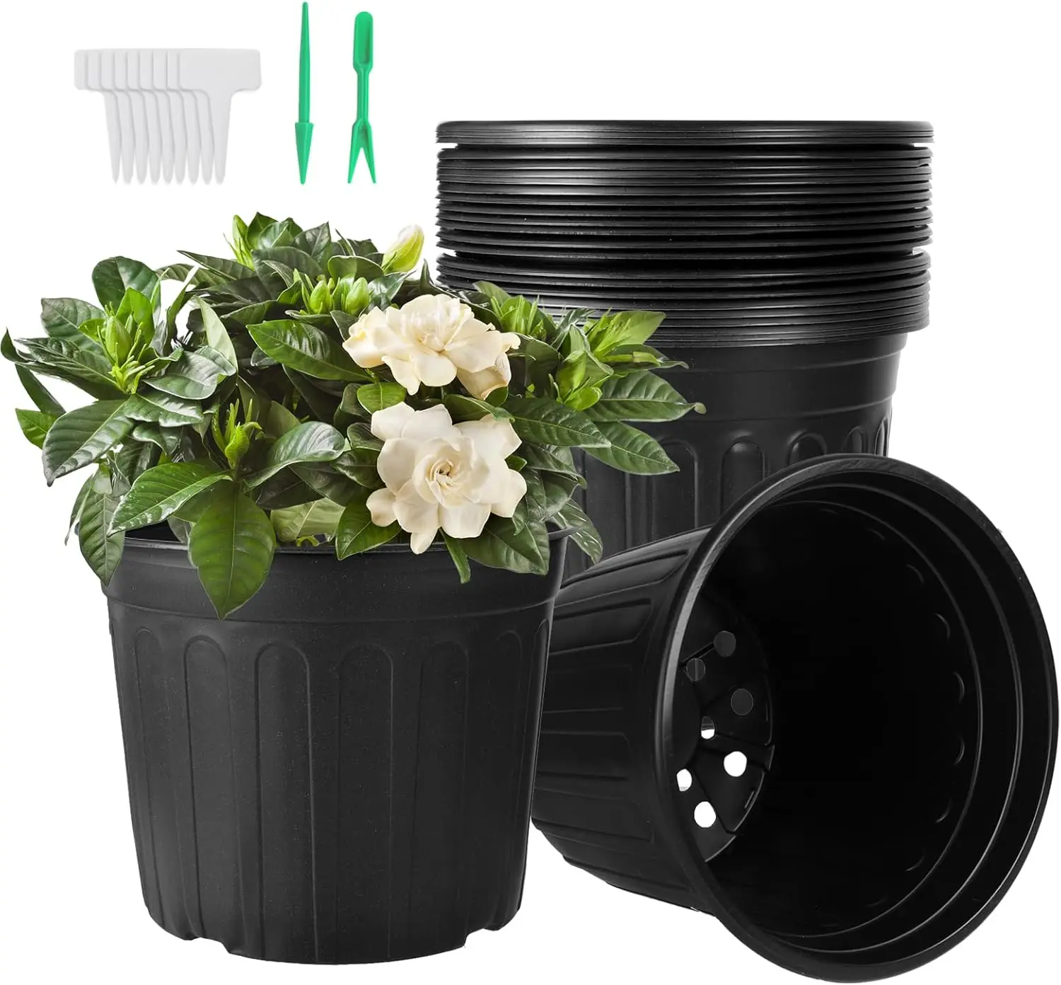 

24 Pack 3 Gallon Nursery Pots, Thickened Soft Black Plastic Plant Pots with 24Pcs Waterproof Plastic T-Type Plant Tags a