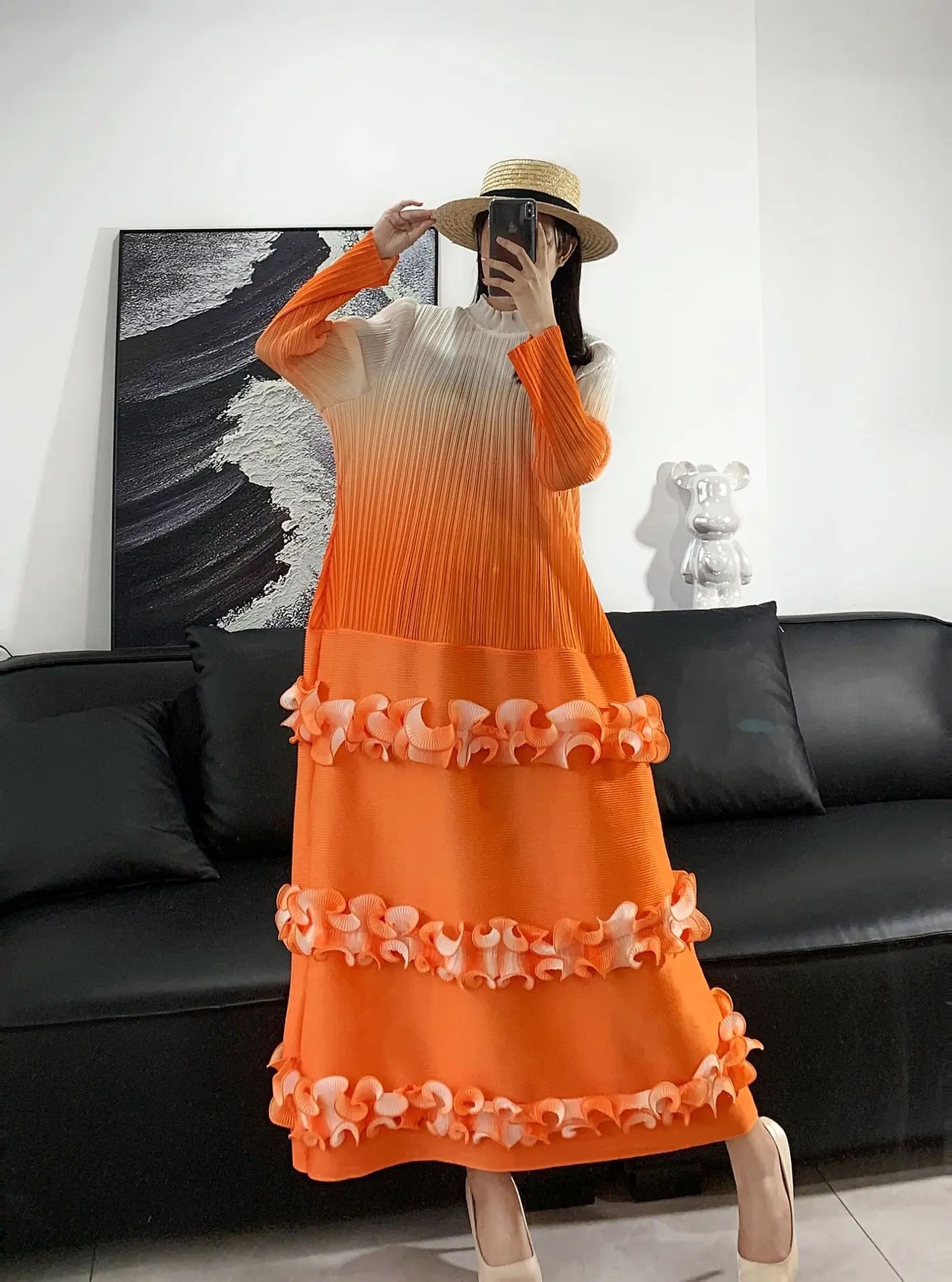 2024 Miyake Pleated Gradient Three-layer Lace Cake Skirt Elegant Dress Women Midlength Skirt Temperament Belted Vestidos