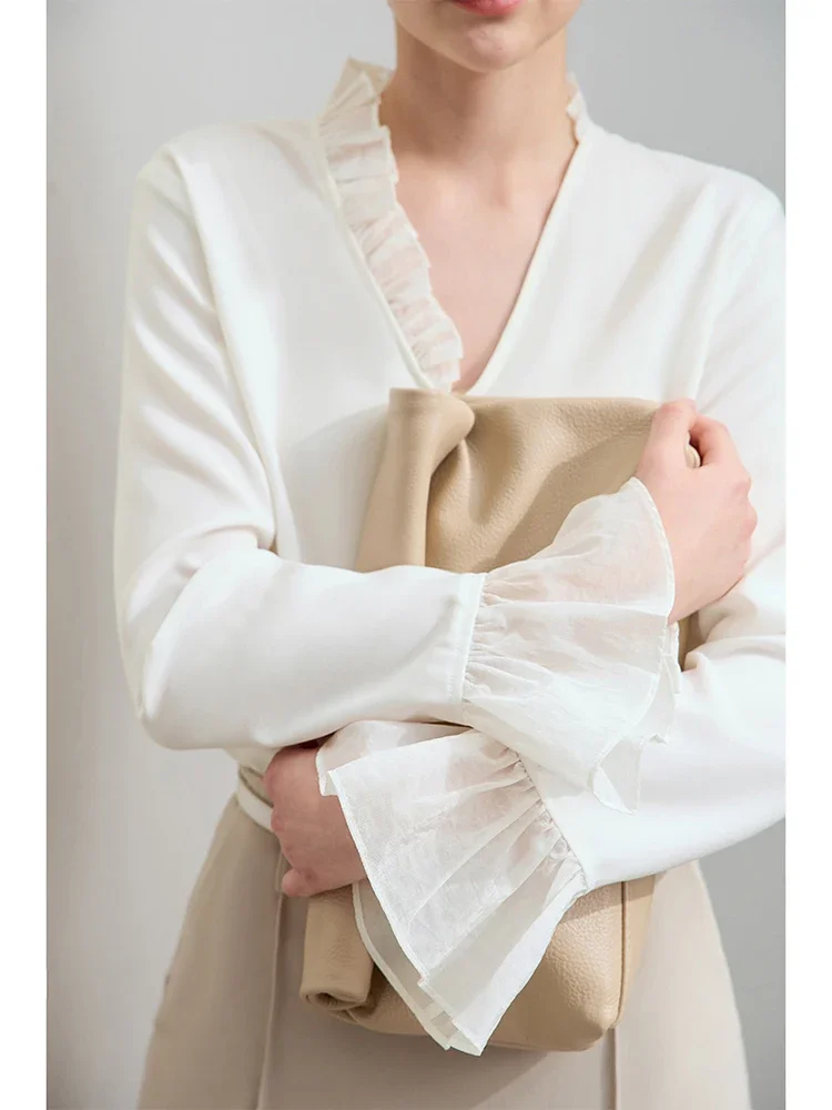 AMII Minimalist Chiffon Shirt For Women 2025 Autumn New Office Lady V-neck Ruffle Splicing Loose Long Sleeved Blouse 12511078