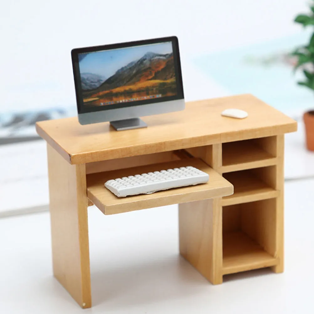 

2Sets Miniature Computer Desk Wooden Dollhouse Furniture Natural Color 1:12 Scale Decorative Mini House Accessories Realistic