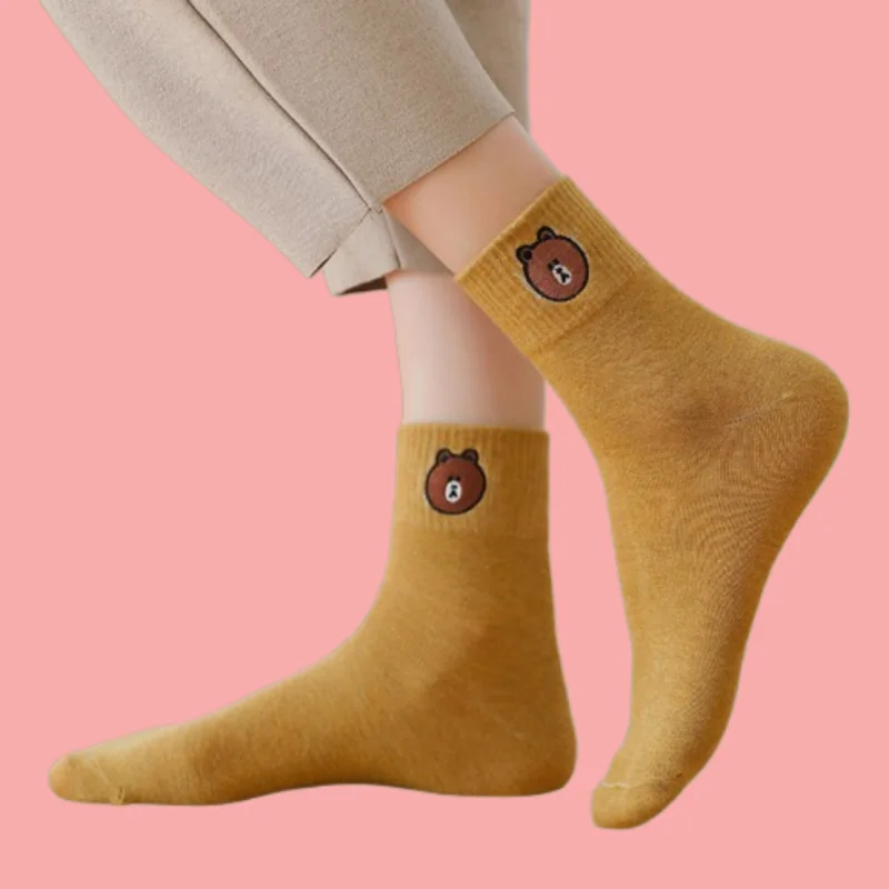 7/14 Pairs 2024 New Women's Mid-tube Socks Trendy Bear College Style Korean Version Solid Color Cute Socks Trendy Pile Socks