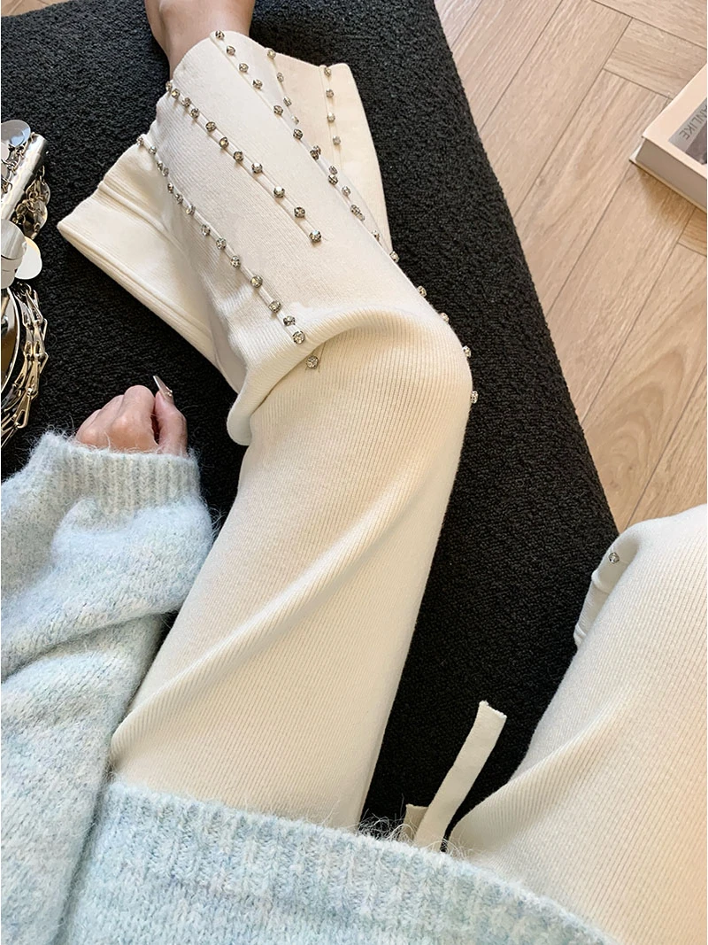 

Корейские вязаные брюки-палаццо с богатой отделкой, с высокой талией, в пол, в стиле «ленивый шик», очень милые, «рисовые» брюки