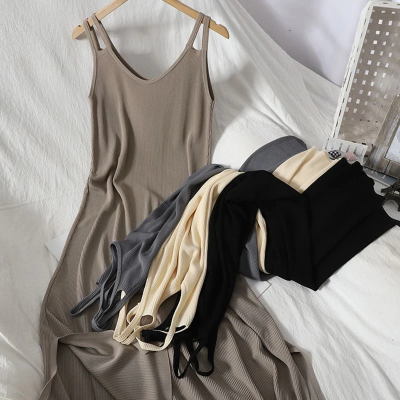 

plus Size Summer Korean Style Sleeveless Women's Dress Long V-Neck A-Line Midi Dress Casual Comfortable Inner Wear Dress