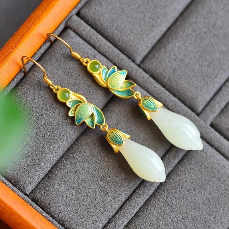 New silver inlaid enamel porcelain natural Hetian magnolia flower earrings for women ethnic style classic wedding gift jewelry