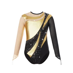 Kids Girls Ballet Jersey Unitards Biketard Rhythm Gymnastics Artistic Skating Costume Shiny Long Sleeve Cutout Back Leotard