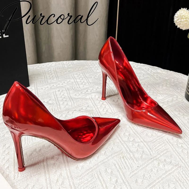 Random Free Gift Women Red Patent Leather Pointed Toe High Heels Pumps Thin Stiletto Heel Slip On Shoes Wedding Ladies Footwear