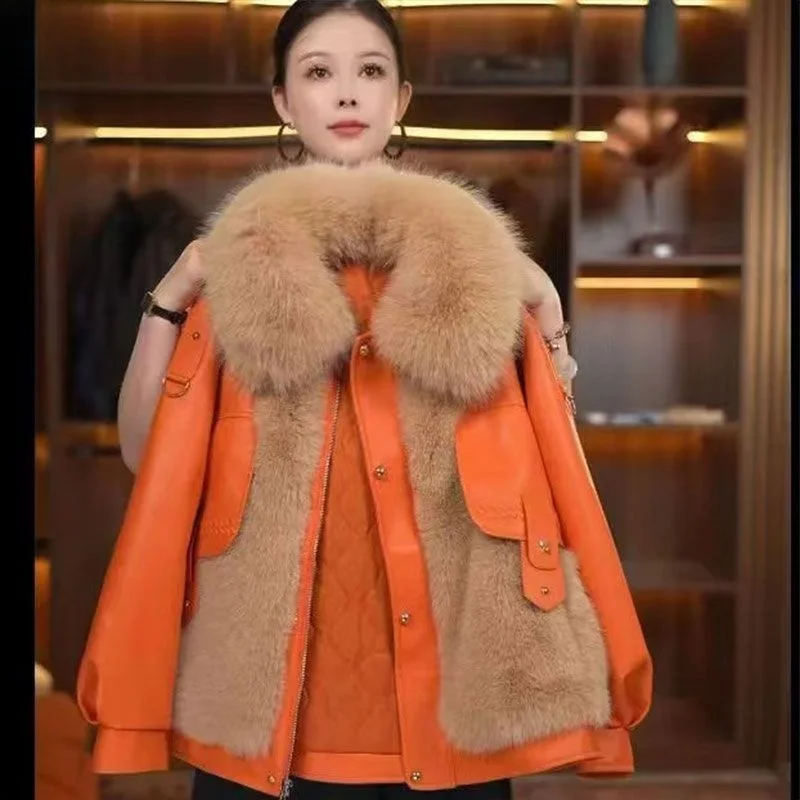 

Haining Women's Thiened Winter Coat 2025 New Year Faionable Quilted Leather Jaet Warmth Collar Daily Commute Sle