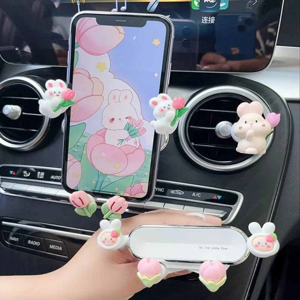 Cartoon Rabbits Car Phone Holder Flower Air Vent Clip Mount Mobile Phone Rack With Incense Clip Car Accessories