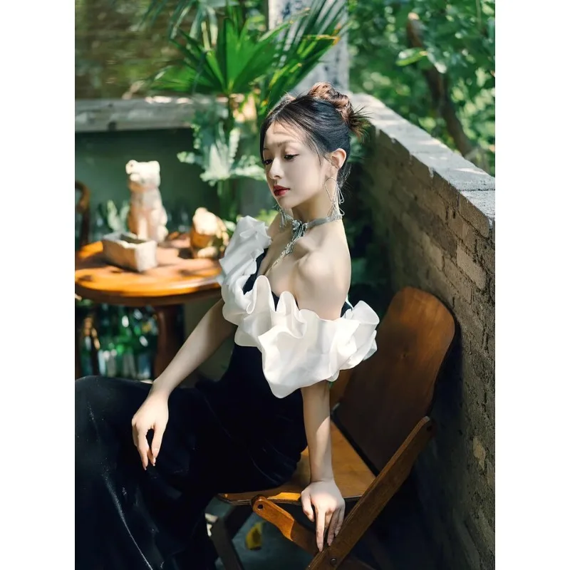 فستان حفلات مسائية طويل أسود أنيق للنساء 2025 أنيق عاري الكتفين بطول الأرض بدون أكمام للحفلات الراقصة فساتين مناسبة رسمية