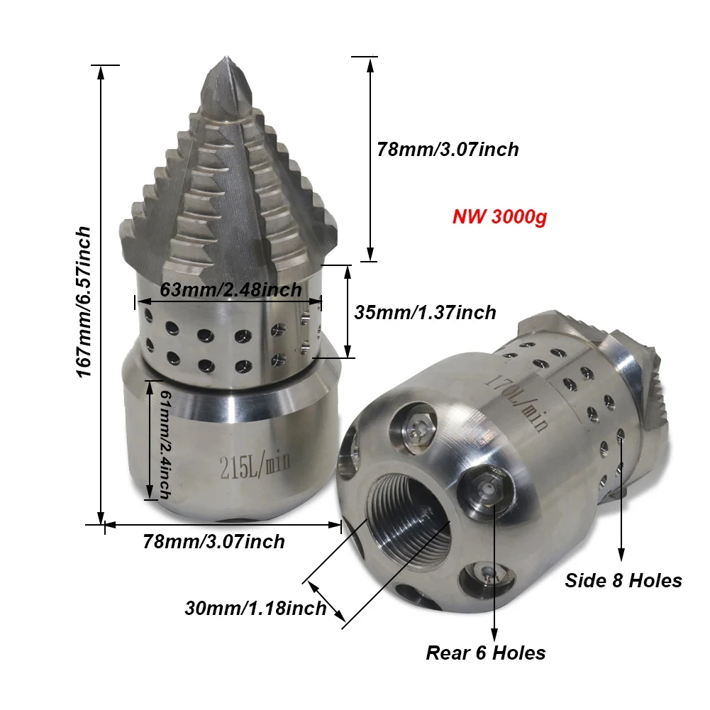 Hochdruck pagode rotierendes Düsen gewinde 1 Zoll Seite 8 hinten 6 Löcher Ausbaggern 60cm Rohre 3kg Industrie maschinen düse