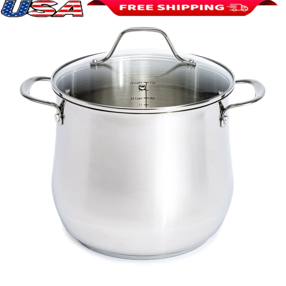 

8 Quart Stainless Steel Stock Pot with Tempered Glass Lid Dishwasher Safe Induction Oven Safe Etched Measuring Marks Easy