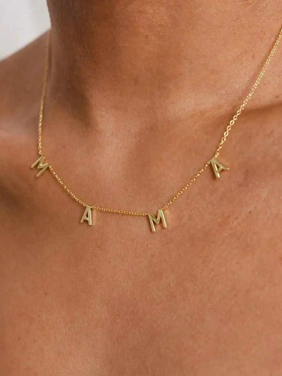 1pc Exquisite Minimalist MAMA Letter Pendant Necklace & Bracelet & Anklet For Women Stainless Steel Clavicle Chain Necklace Fash view 2