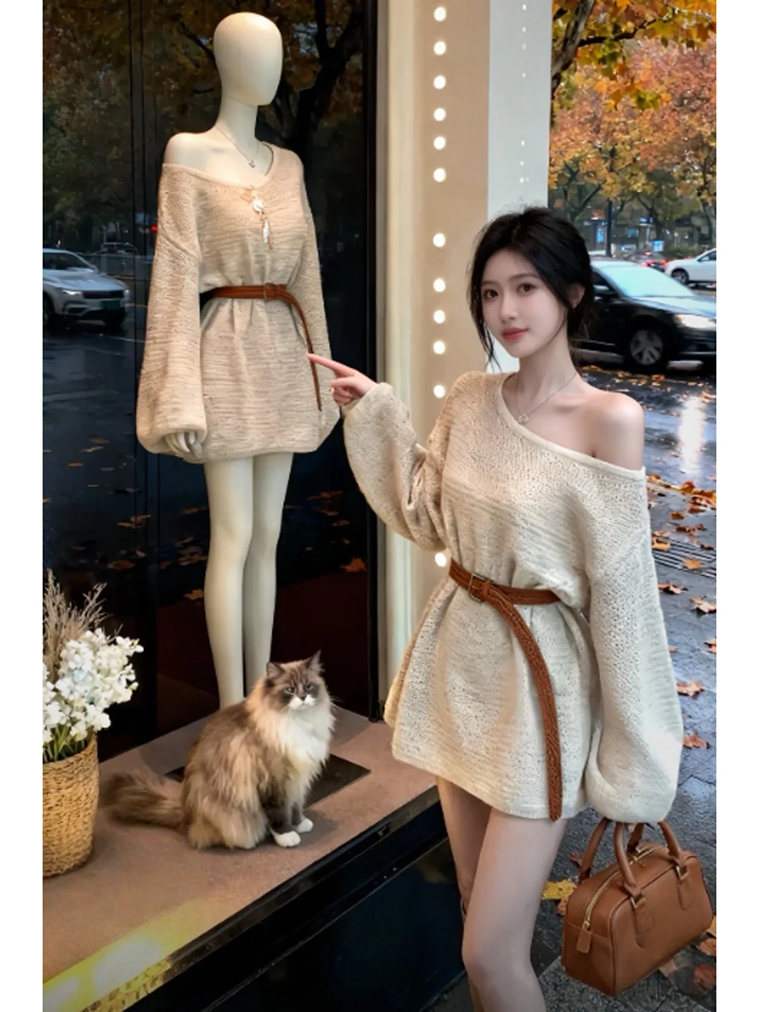 

Faionable Korean Sle Slim Fit Sweater Women's Winter Long Sve Knitted Top Belt Waist Design oulder Baring Ciwalk