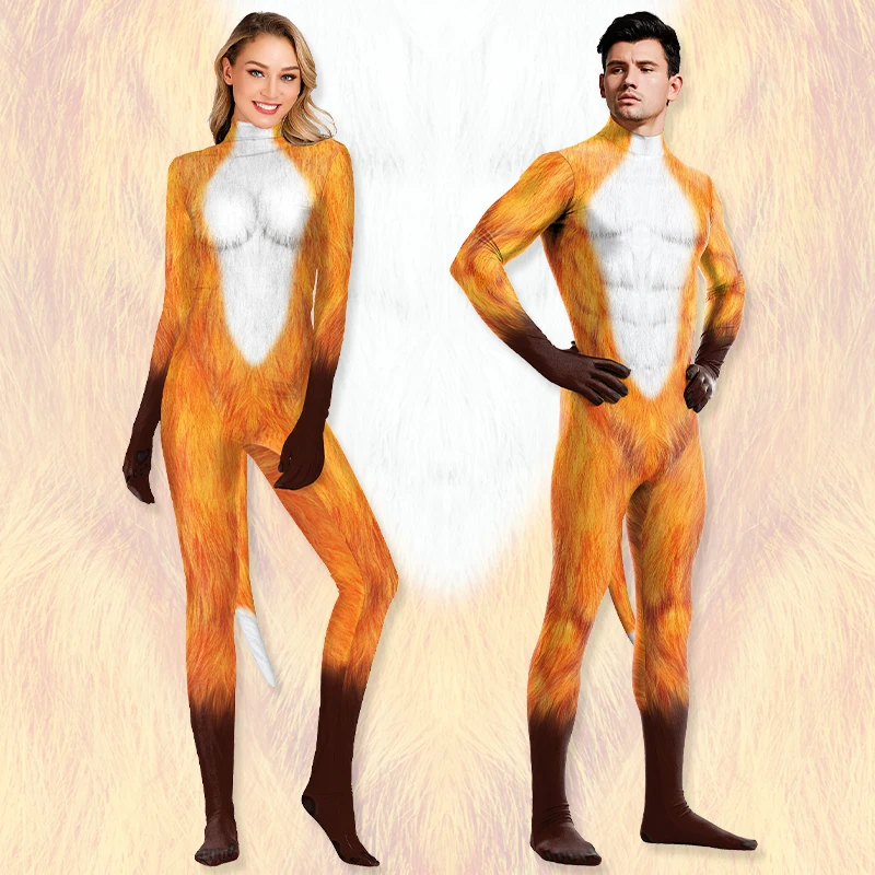 Zawaland Cosplay Animal Fox Adult Catsuit tute con coda Costume stampato per Party tute complete uomo donna Zentai