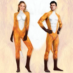Zawaland Cosplay Animal Fox Adult Catsuit Jumpsuits With Tail Printed Costume For Party Full Bodysuits Men Women Zentai