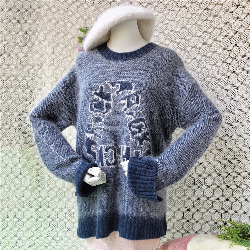 

Ladies Women Spring Autumn Hairy Colored Crochet Mohair Wool Knitted O-Neck Long Sleeves Loose Pullover Sweater Jumper Pull Tops