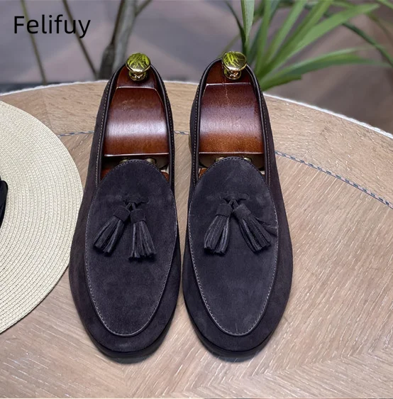 

Tassel Design Men Round Toe Cow Suede Flat Casual Shoes Comfortable Genuine Leather Slip On Man Footwear Vintage Boy Shoes