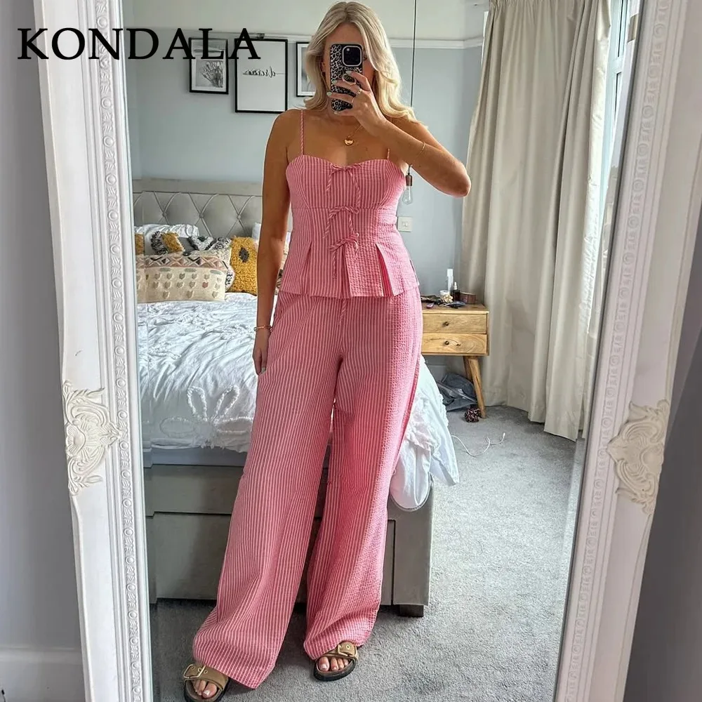 KONDALA 2026 Printemps-Été – Ensemble décontracté rayé pour femme : Hauts sans bretelles à nœud papillon et pantalon droit à lacets