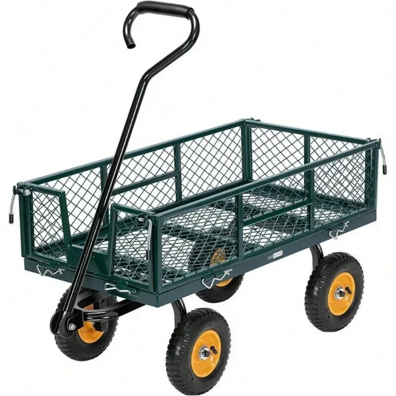 Heavy Duty Capacity Mesh Steel Garden Cart Folding Multipurpose Vehicle Detachable Sides, Yard Dump Cart Steel Lawn Multipurpose