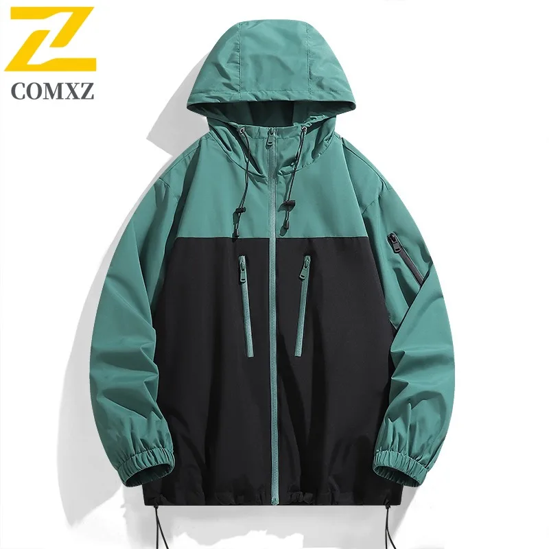 

COMXZ Men Jacket Fashion Color Block Outdoor Camping Windproof Jacket Classics Hooded Autumn Casual Lightweight Streetwear Coat