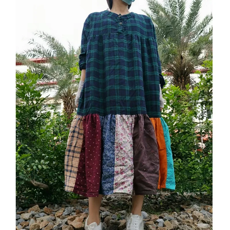 sPRING Autumn New Rural Ethnic Style Patchwork Plaid Long Sleeved Special Dress for Women