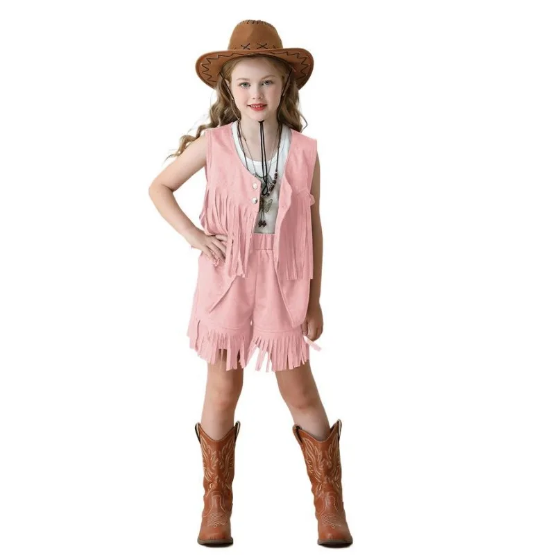 New Carnival Cosplay Costume Tassel Vest Deerskin Western Denim Shorts Theme Party Role Playing Outfit for 8 Years Old and Above view 5