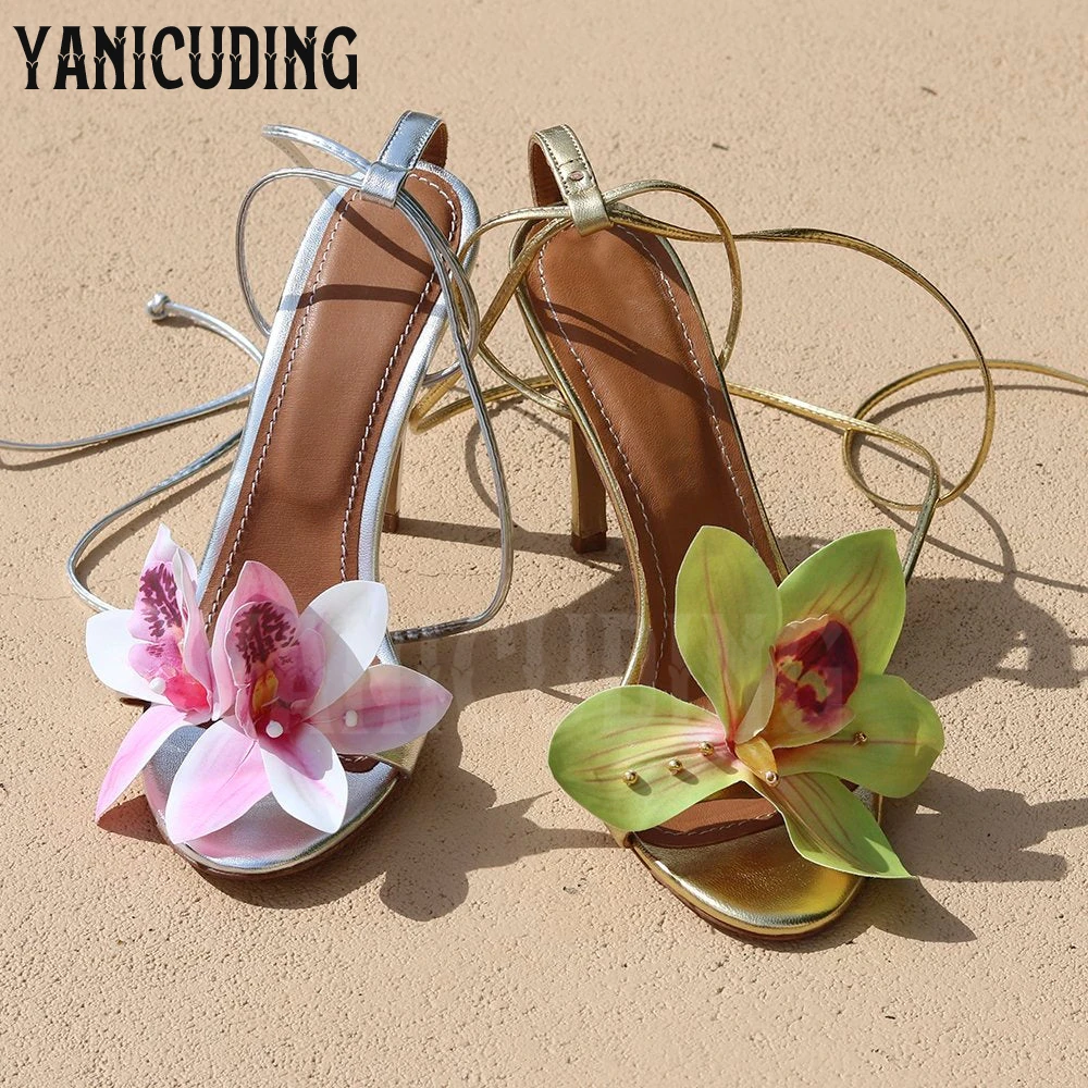 

Floral Collection Sandals Multicolor Silk Flowers Beach Vacation Sandals Fashion Style Custom Ankle Strap Stiletto Women Sandals