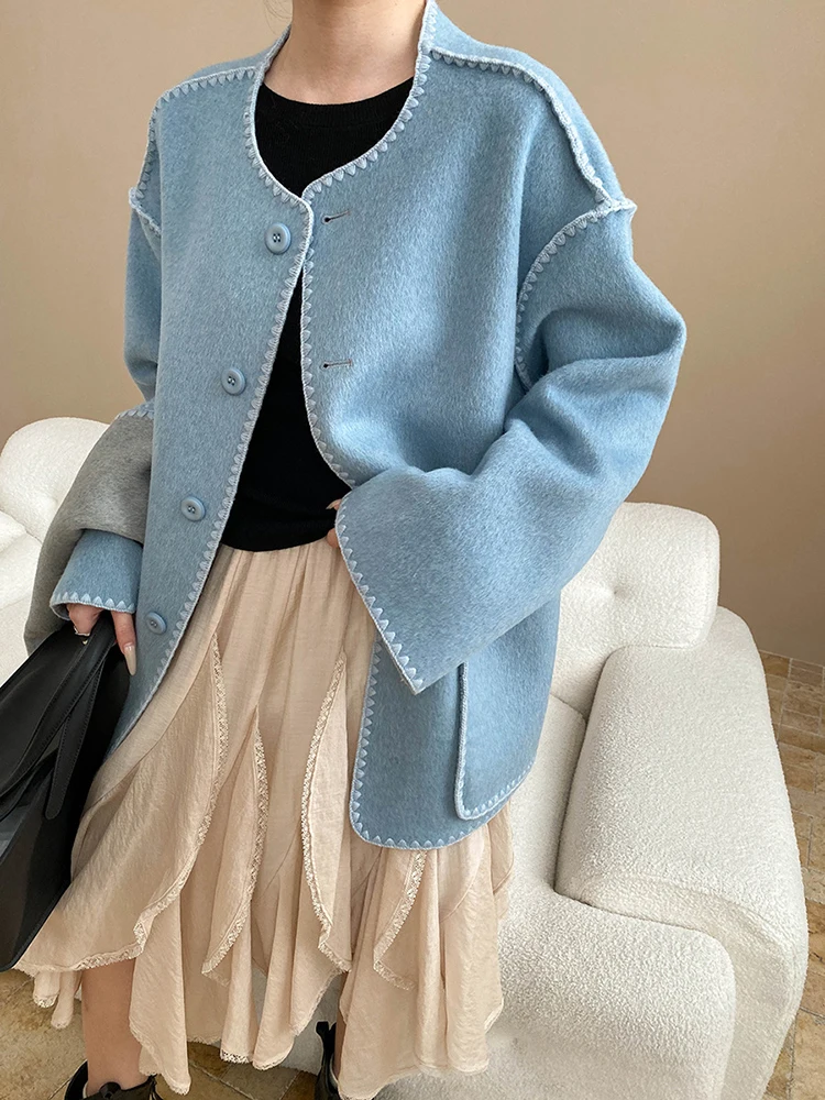 FANAN オフィスレディ厚く暖かい 100% ウールコート女性のためのシングルブレスト気質ジャケットスカーフ襟生き抜く冬新