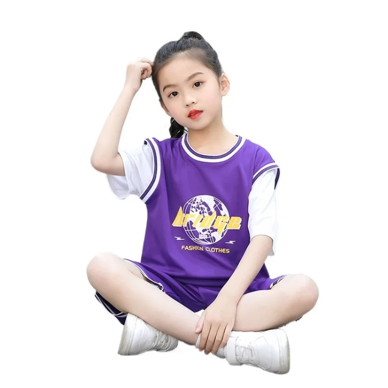 

2-12 Years School Girl Summer Clothing Sets Cute Pink Letter Printed Shortsleeve Tee Shirts Mid-Pants Sports Suits 2 Pc