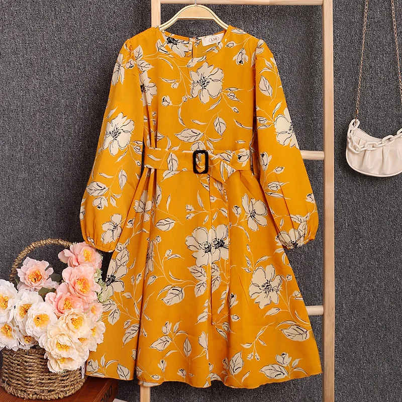 5-12Y Girl Spring and autumn style long-sleeved dress plant floral print round neck princess skirt party dress clothing