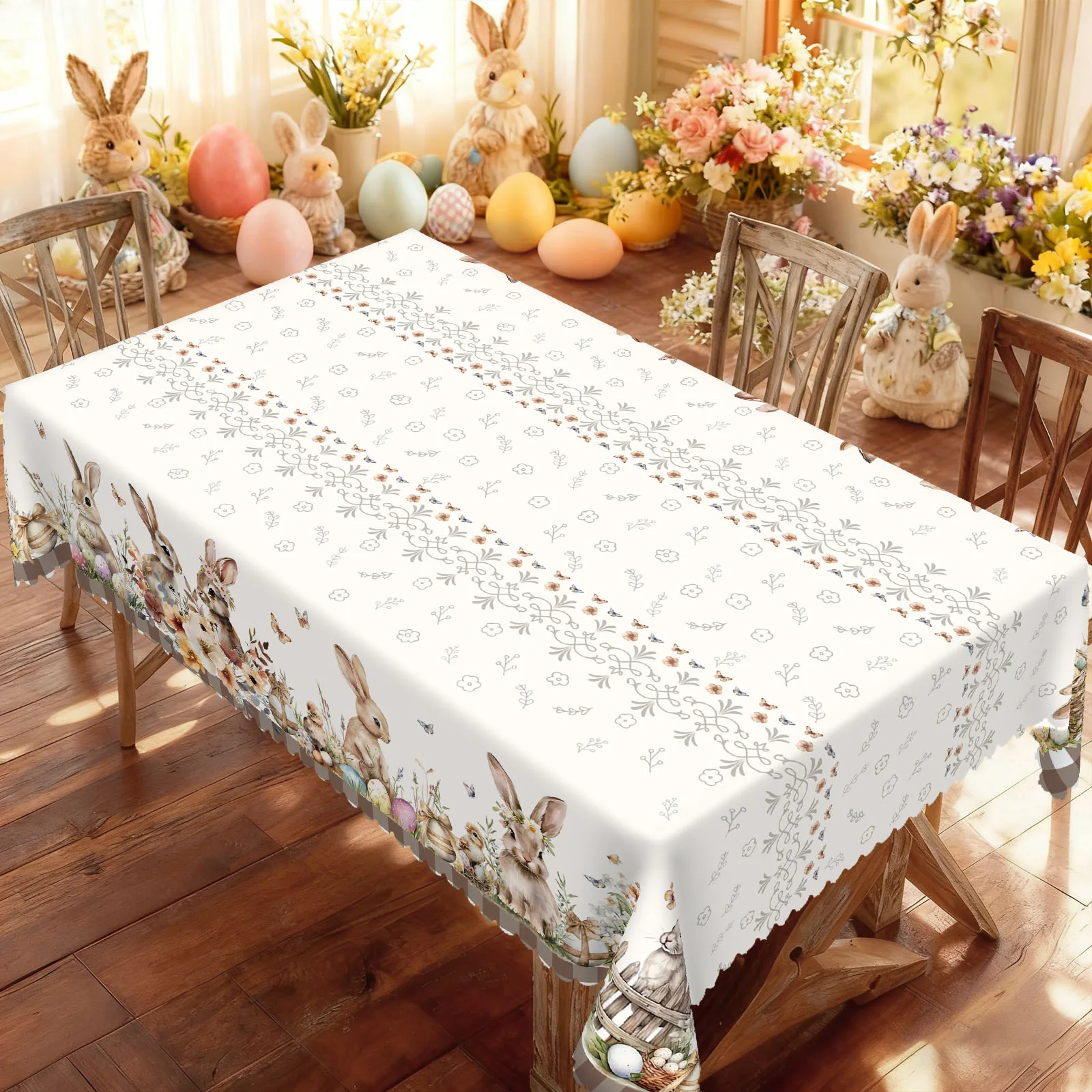 1 Piece of Spring-Themed Cute Rabbit Print Round Tablecloth, Available in Various Sizes, Soft and Adorable Bunny Designs Interwoven with Light Gray Floral Patterns and Butterfly Motifs, with Cute Rabbits Holding Flowers and Baskets at the Edges, Paired with Spring Flower Clusters and Easter Egg Print Round Tablecloth, Edge Embossing Technique, Easter Decoration, Suitable for Easter Family Gatherings, Spring Terrace Parties, Easter Season Decoration, Spring Party Decoration Gifts