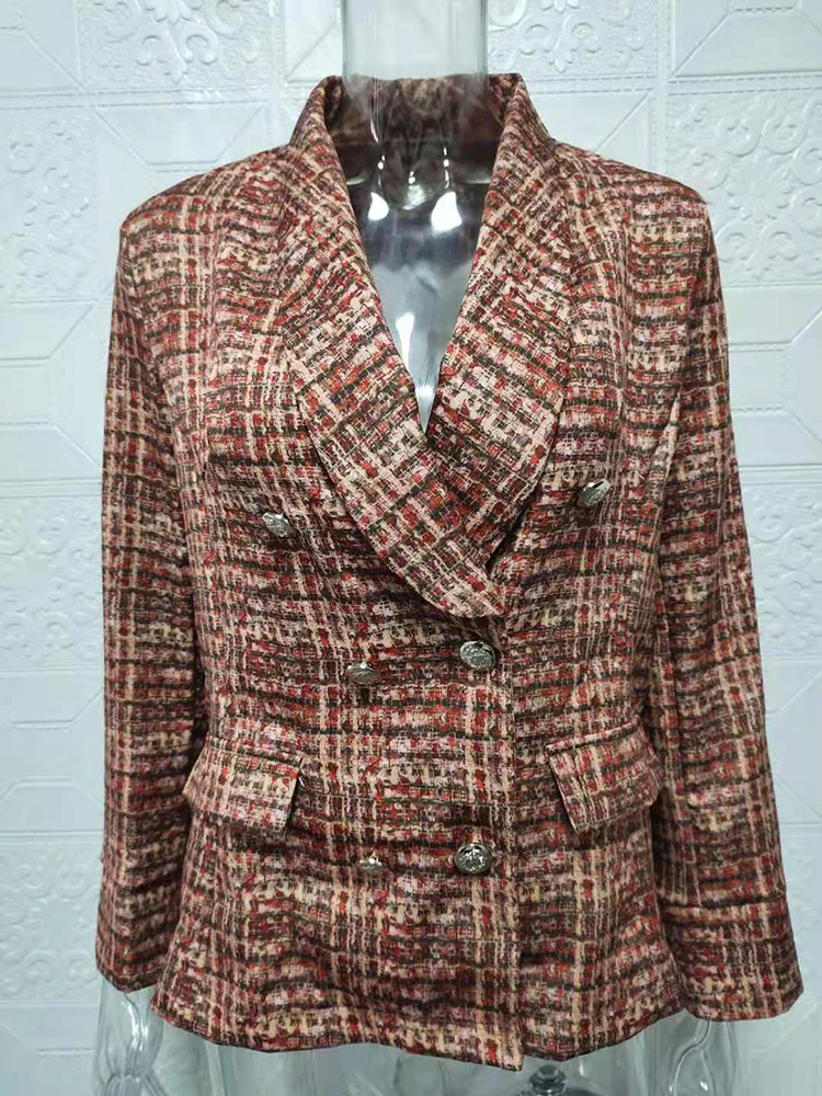 Blazer for Women Jacket Autumn 2023 Fashion Double Breasted Tweed Blazer Coat Vintage Long Sleeve Female Outerwears Chic Top